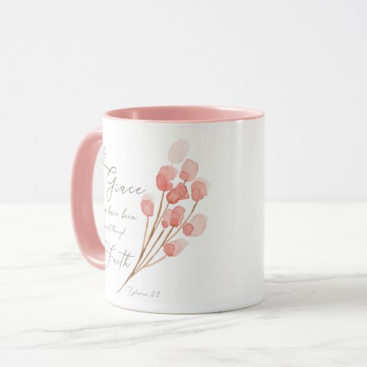 Met een gratie heb je gered, roze florale. mok (Voorkant links)