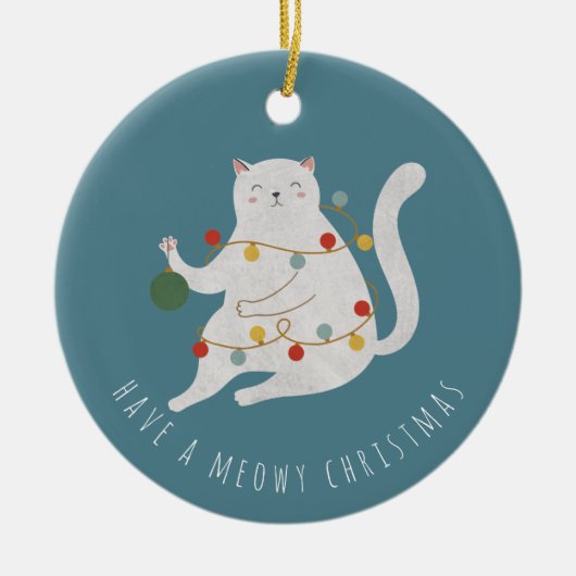 Met een Meowy kerstfeestlampje Keramisch Ornament (Voorkant)