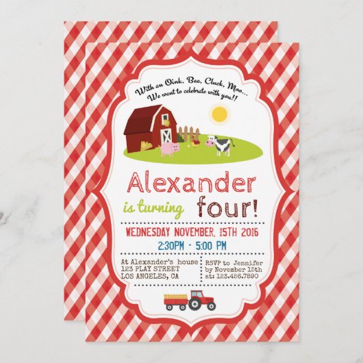 MET EEN OINK, BAA, CLUCK, MOO BOERDERIJ BIRTHDAY KAART (Voorkant / Achterkant)