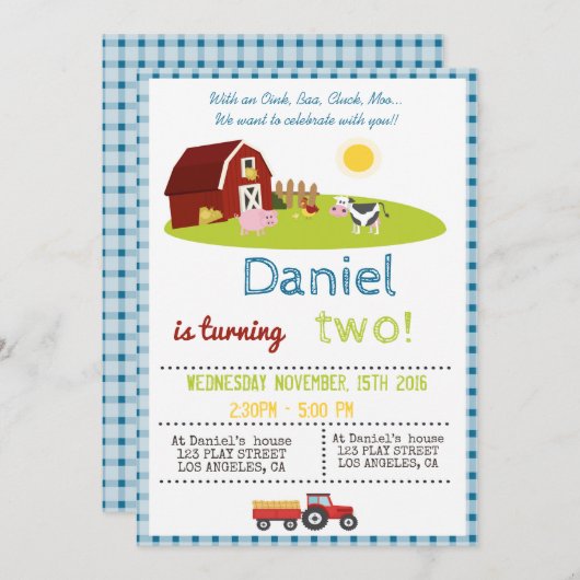 MET EEN OINK, BAA, CLUCK, MOO BOERDERIJ BIRTHDAY KAART (Voorkant / Achterkant)