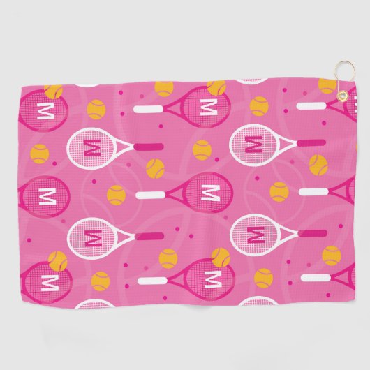 Met een roze monogram en een wit tennisracketpatro golfhanddoek (Horizontaal)