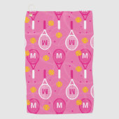 Met een roze monogram en een wit tennisracketpatro golfhanddoek (Voorkant)