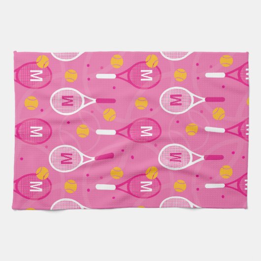 Met een roze monogram en een wit tennisracketpatro theedoek (Horizontaal)