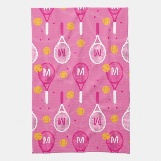 Met een roze monogram en een wit tennisracketpatro theedoek (Verticaal)