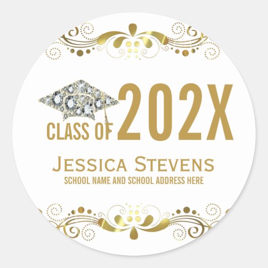 Met Faux Gold Lace & Diamonds Afstudeerder Pet Squ Ronde Sticker (Voorkant)