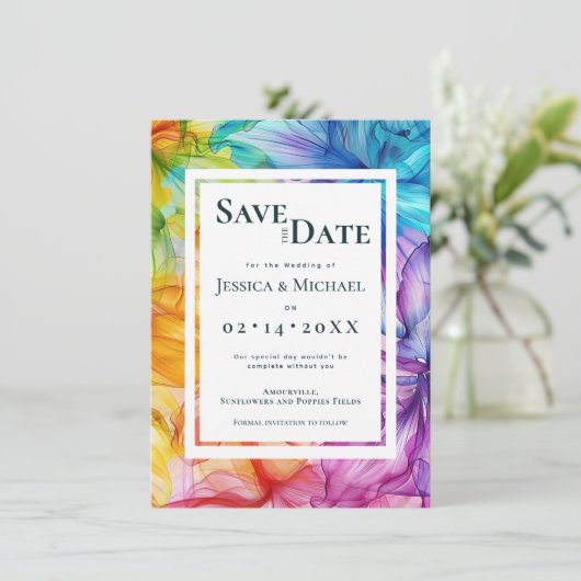 Met foto aan de achterkant Eetherische Bloom Save The Date (Staand voorkant)