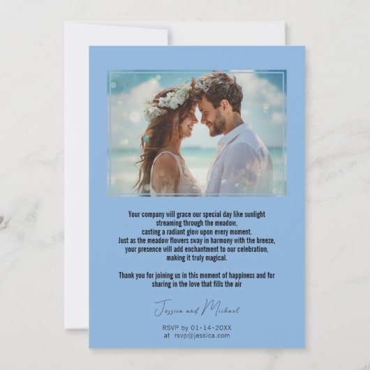 Met foto, blauwe weide bloeit kaart (Achterkant)