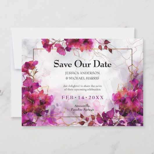 Met foto Fuchsia Enchantment: Waterverf Save The Date (Voorkant)