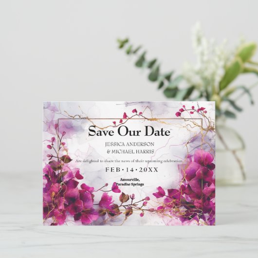Met foto Fuchsia Enchantment: Waterverf Save The Date (Staand voorkant)