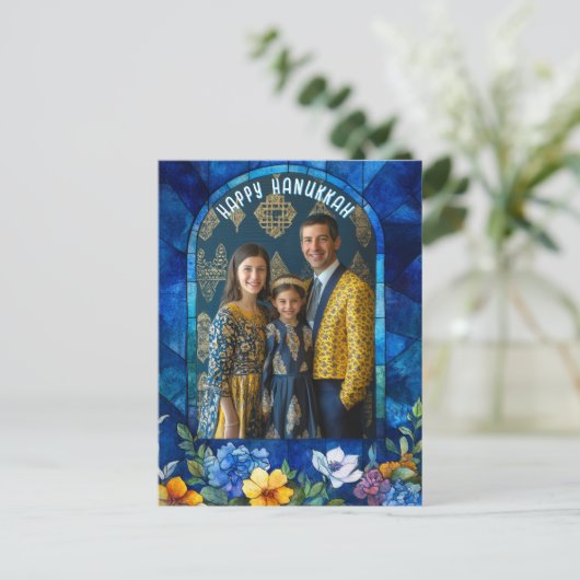 Met foto🕎 Gelukkig Chanoeka, glas in lood Briefkaart (Staand voorkant)