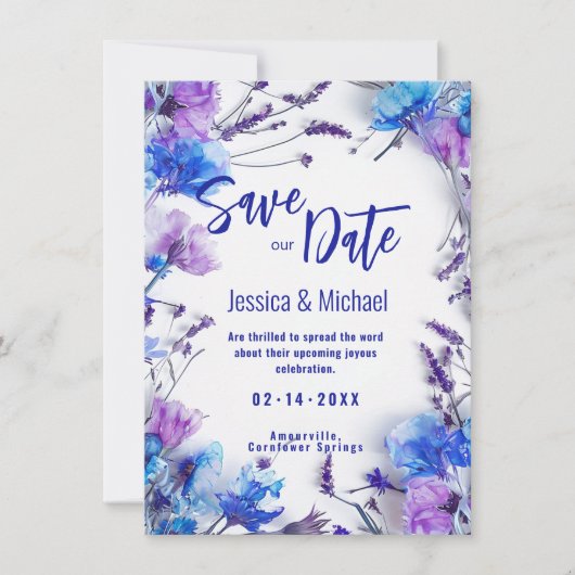 Met Foto Korenbloemen en Lavendel Elegance Save The Date (Voorkant)