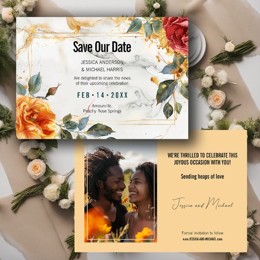 met foto Marble Dreams: Oranje Roos Elegance Save The Date