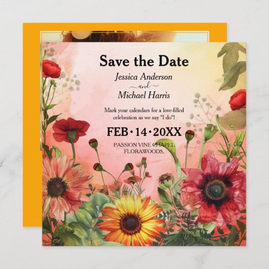 🌻 met foto Sunny Petals & Scarlet Blooms Save The Date (Voorkant / Achterkant)
