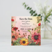 🌻 met foto Sunny Petals & Scarlet Blooms Save The Date (Staand voorkant)