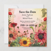 🌻 met foto Sunny Petals & Scarlet Blooms Save The Date (Voorkant)