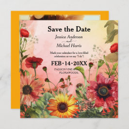🌻 met foto Sunny Petals & Scarlet Blooms Save The Date