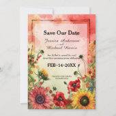 🌻 met foto Sunny Petals & Scarlet Blooms Save The Date (Voorkant)