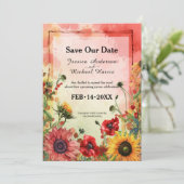 🌻 met foto Sunny Petals & Scarlet Blooms Save The Date (Staand voorkant)