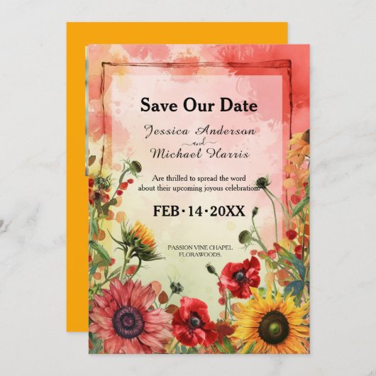 🌻 met foto Sunny Petals & Scarlet Blooms Save The Date (Voorkant / Achterkant)