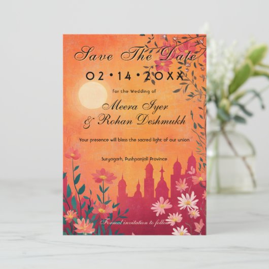 Met foto Sunset Serenade bruiloft Save The Date (Staand voorkant)