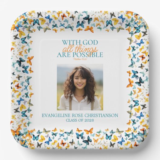 Met God zijn alle dingen mogelijk Vlinder Afstudee Papieren Bordje (Voorkant)