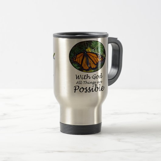 Met God zijn alle dingen mogelijk vlinder en Verse Reisbeker (Voorkant rechts)