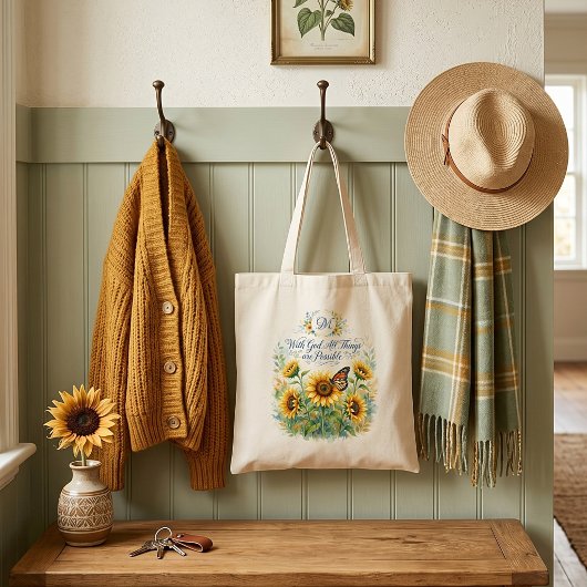 Met God, zonnebloemen monogram Tote Bag