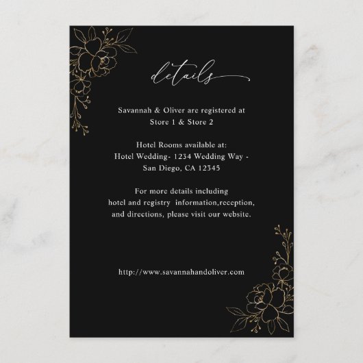 Met goud omlijnde bloemdetails - Zwart Informatiekaartje (Voorkant)