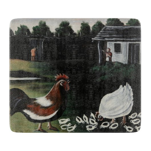 Met haar kip in een landschap van Farmyard Rural Snijplank (Voorkant)