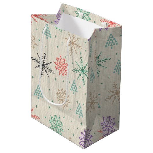 Met handgetekende Snowflakes kerstbomen Multicolor Medium Cadeauzakje (Voorkant Gekanteld)