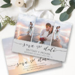 Met handschrift 3 Afbeelding lichtgrijs Save The Date<br><div class="desc">Kies de beste afbeeldingen uit je verloving-opname of je favoriete afbeeldingen van jullie twee voor deze perfecte bewaardatum. De woorden sparen de datum zijn handgeschreven om een persoonlijk gevoel aan de kaart te geven. De voorkant heeft 3 afbeeldingen en de achterkant heeft een groot afbeelding met een witte filter op...</div>