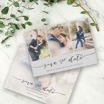 Met handschrift 3 Afbeelding lichtgrijs Save The Date<br><div class="desc">Kies de beste afbeeldingen uit je verloving-opname of je favoriete afbeeldingen van jullie twee voor deze perfecte bewaardatum. De woorden sparen de datum zijn handgeschreven om een persoonlijk gevoel aan de kaart te geven. De voorkant heeft 3 afbeeldingen en de achterkant heeft een groot afbeelding met een witte filter op...</div>