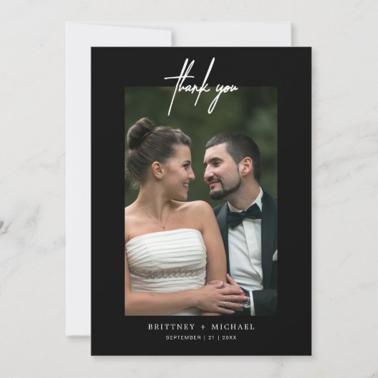 Met handschrift, eenvoudig foto zwart bedankkaart (Voorkant)