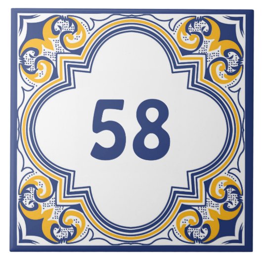 💙 met huisnummer blauw en geel Azulejos Tegeltje (Voorkant)