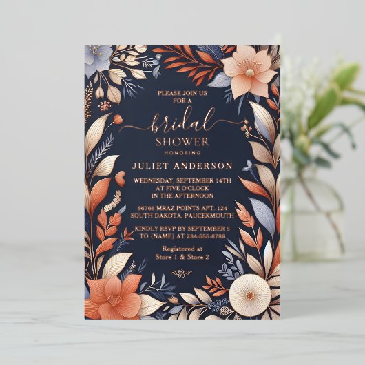 Met Hydrangea Metallic Puur Marineblauwe Bruidsdou Folie Uitnodiging (Staand Voorkant)