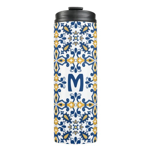 Met initiaal 💛 blauw 💙 geel Azulejos Thermosbeker (Voorkant)