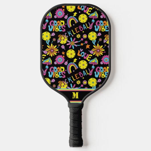 Met initiaal, Groovy, retro 90, zwart Pickleball Paddle (Voorkant)