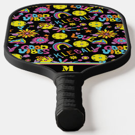 Met initiaal, Groovy, retro 90, zwart Pickleball Paddle