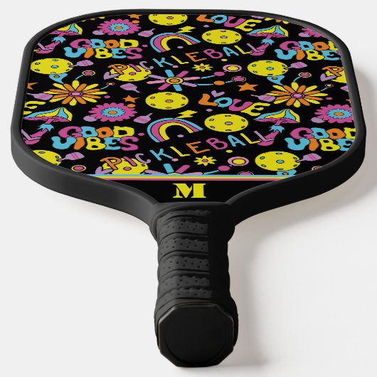 Met initiaal, Groovy, retro 90, zwart Pickleball Paddle (Laagn)