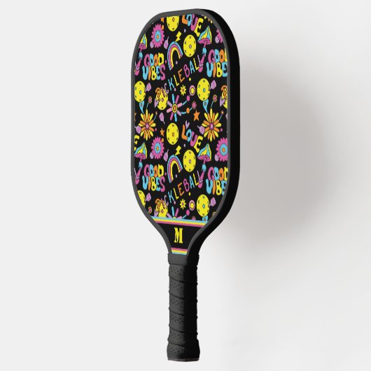 Met initiaal, Groovy, retro 90, zwart Pickleball Paddle (Links)