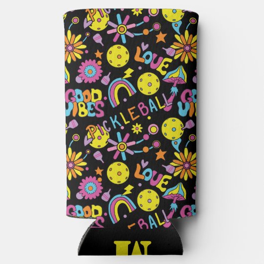 Met initiaal, Groovy, retro 90, zwarte Seltzer Ca Seltzer Blikjeskoeler (Achterkant)