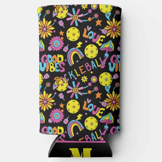 Met initiaal, Groovy, retro 90, zwarte Seltzer Ca Seltzer Blikjeskoeler (Voorkant)