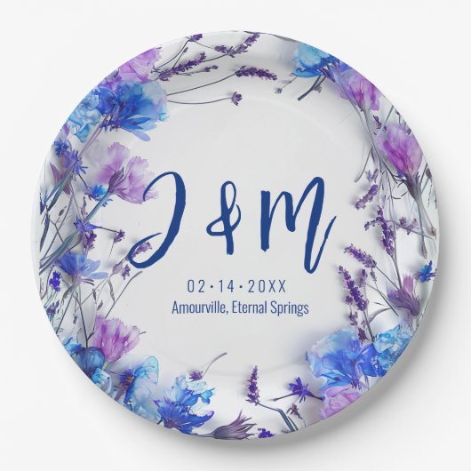💍Met initialen Korenbloemen en Lavendel Papieren Bordje (Voorkant)