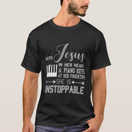 Met Jezus in haar hart pianotoetsen binnen handber T-shirt (Voorkant)