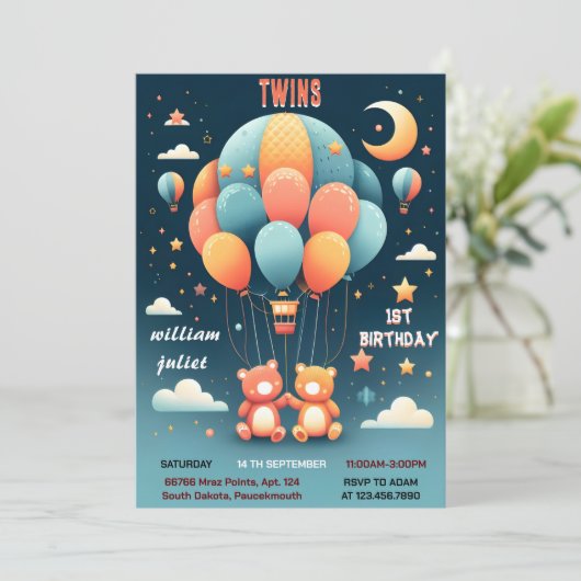 Met joint beer Hete Luchtballon Twins 1e Verjaarda Kaart (Staand voorkant)