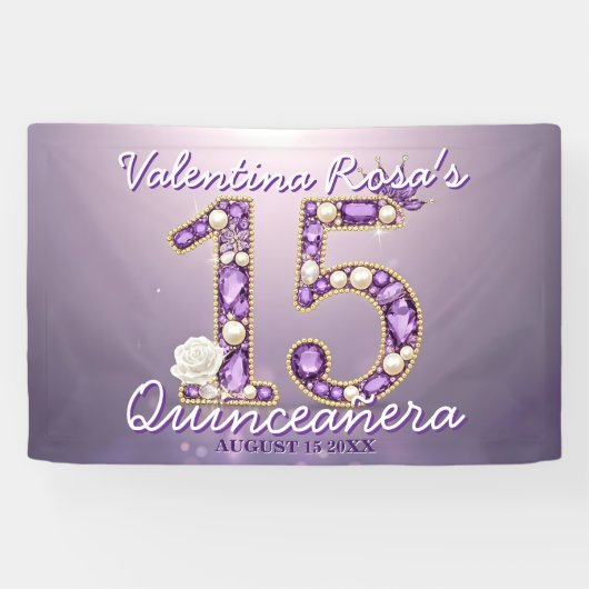 Met juwelen bezette Amethyst & Parel Witte Roos Qu Spandoek (Horizontaal)