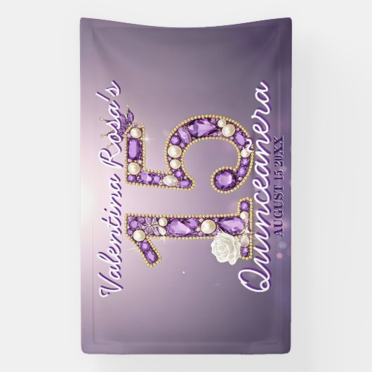 Met juwelen bezette Amethyst & Parel Witte Roos Qu Spandoek (Verticaal)