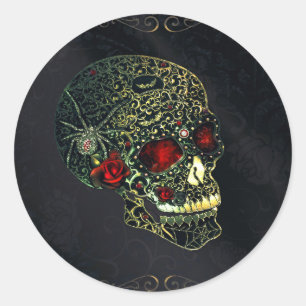 Met juwelen bezette spinnen schedel & rozen glam g ronde sticker