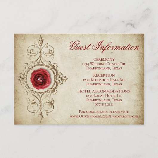 met juwelen getooid Roos |  Crimson Grunge Gasteng Informatiekaartje (Voorkant)