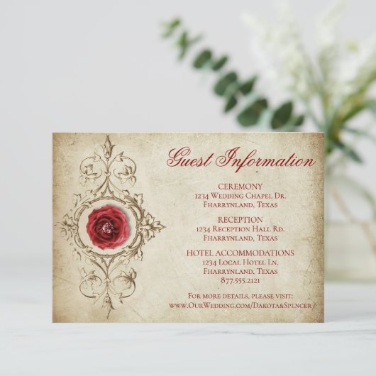 met juwelen getooid Roos |  Crimson Grunge Gasteng Informatiekaartje (Staand voorkant)